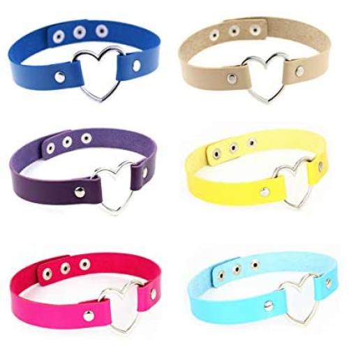 Tvoip 6Pcs Hot PU Leather Punk Heart Studded Choker Necklace Rivet Buckle Collar Necklace Gift for Women Jewelry