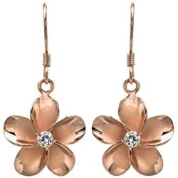 14k Rose Gold Plated Sterling Silver CZ Plumeria Hook Earrings, 14mm