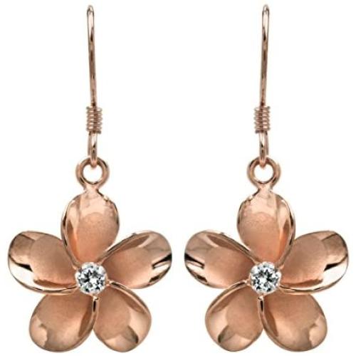 14k Rose Gold Plated Sterling Silver CZ Plumeria Hook Earrings, 14mm