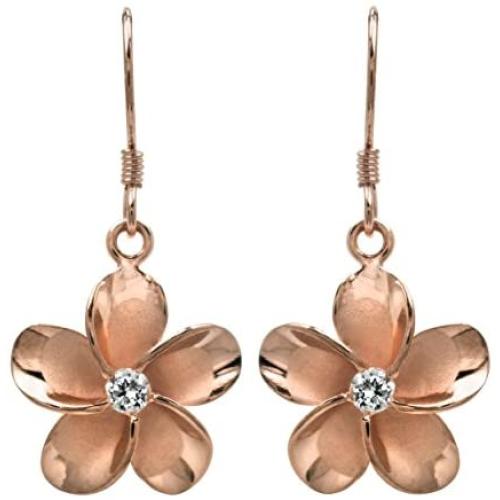 14k Rose Gold Plated Sterling Silver CZ Plumeria Hook Earrings, 14mm