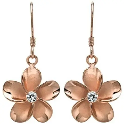 14k Rose Gold Plated Sterling Silver CZ Plumeria Hook Earrings, 14mm 14k Rose Gold Plated Sterling Silver CZ Plumeria Hook Earrings, 14mm