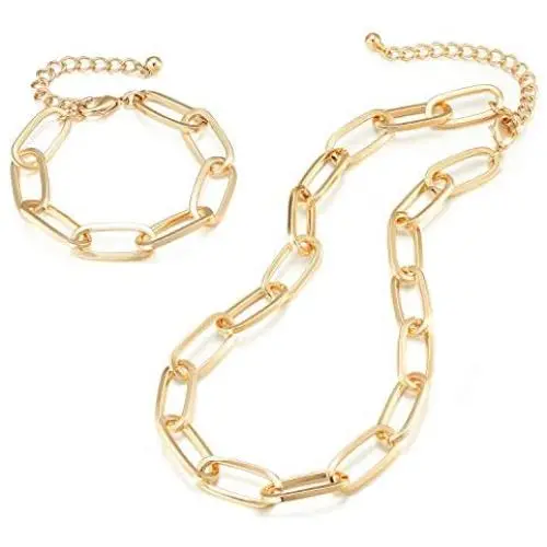 LANE WOODS Gold Chain Necklace and Bracelet for Women Ladies Dainty and Chunky Chain Link Paperclip Jewelry Set LANE WOODS Gold Chain Necklace and Bracelet for Women Ladies Dainty and Chunky Chain Link Paperclip Jewelry Set