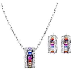 Multicolor AAA CZ Necklace & Earrings Jewelry Set Trendy Cubic Zirconia Omega Clip Earring Cable Chain