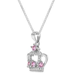 925 Sterling Silver Girls Pink -Clear Cubic Zirconia Crown Princess Necklace