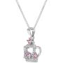 925 Sterling Silver Girls Pink -Clear Cubic Zirconia Crown Princess Necklace