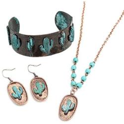 3 Piece Mixed Metal Cactus Concho Jewelry Set - Necklace, Cuff Bracelet, and Earrings