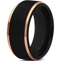 Tungsten Wedding Band Ring 10mm for Men Women Black Rose Yellow Gold Plated Step Edge Brushed Polished