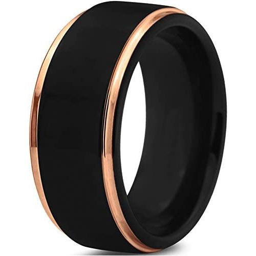 Tungsten Wedding Band Ring 10mm for Men Women Black Rose Yellow Gold Plated Step Edge Brushed Polished