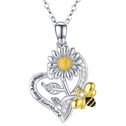 Waysles Sunflower Love Heart Pendant Necklace Engraved You are My Sunshine Sterling Silver Cubic Zirconia Jewelry Gifts for Women Sunflower Bee/Butterfly/Dragonfly