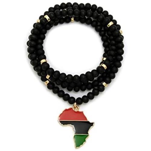CBC Crown Slanted Pan African Colored Africa Map Continent Pendant on Wooden Bead Necklace