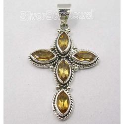 SilverStarJewel 925 Sterling Silver Marquise Cut Citrine Cross Pendant 1.7'' Stone Gift