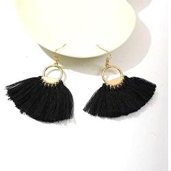Solememo Gold Tone Lightweight Bohemian Ethnic Silky Thread Tassel Fringe Fan Shape Dangle Earring for Women Teen Girls
