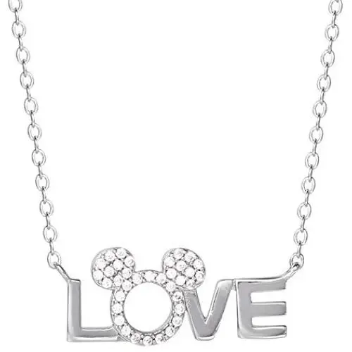 Disney Mickey Mouse Love Silver Plated Cubic Zirconia Necklace, Official License Disney Mickey Mouse Love Silver Plated Cubic Zirconia Necklace, Official License
