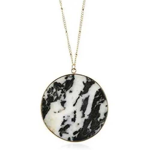 RIAH FASHION Bohemian Natural Stone Geometric Pendant Long Necklace - Boho Round Charm Layering Statement Chain Circle Disc Marble Quartz RIAH FASHION Bohemian Natural Stone Geometric Pendant Long Necklace - Boho Round Charm Layering Statement Chain Circle Disc Marble Quartz