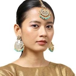 Aheli Ethnic Wedding Kundan Pearl Earrings Maang Tikka Set Indian Traditional Jewelry for Women