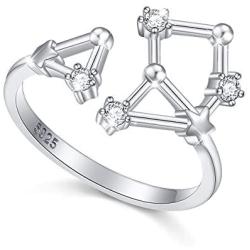 FLYOW 925 Sterling Silver CZ Horoscope Zodiac 12 Constellation Astrology Adjustable Statement Ring for Women Teen Girls Birthday Gift,Size 7