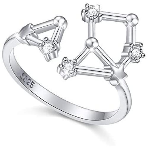 FLYOW 925 Sterling Silver CZ Horoscope Zodiac 12 Constellation Astrology Adjustable Statement Ring for Women Teen Girls Birthday Gift,Size 7