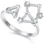 FLYOW 925 Sterling Silver CZ Horoscope Zodiac 12 Constellation Astrology Adjustable Statement Ring for Women Teen Girls Birthday Gift,Size 7