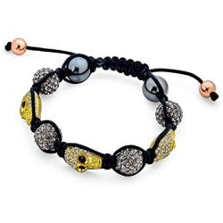 Bling Jewelry Goth Gunmetal Gold-Tone Skulls Crystal Ball Shamballa Inspired Bracelet for Women for Men Black Cord String Adjustable