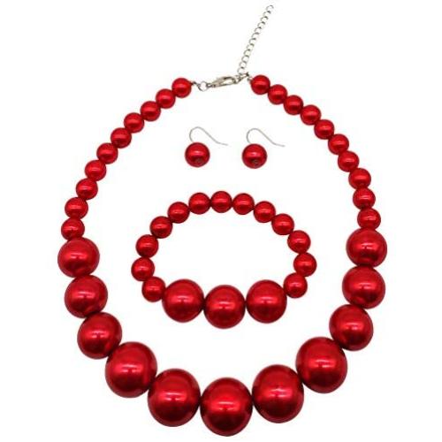Halawly Large Pearl Necklace Jewelry Set - 3 Colors Simulated Pearl Beads Statement Strand Necklaces Bracelet and Earrings for Women