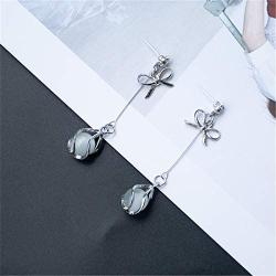 Beiswe 1 Pair Opal Drop Long Earrings Elegant Bowknot Tassel Earrings for Women and Girls Jewellery Christmas Gift (Silver)