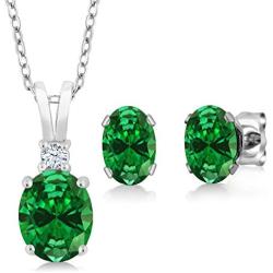 Gem Stone King 925 Sterling Silver Green Simulated Emerald Pendant Earrings Set For Women (4.63 Ct Oval, with 18 Inch Silver Chain)