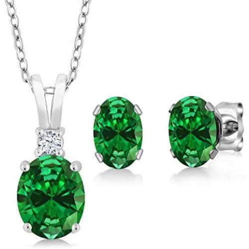 Gem Stone King 925 Sterling Silver Green Simulated Emerald Pendant Earrings Set For Women (4.63 Ct Oval, with 18 Inch Silver Chain)