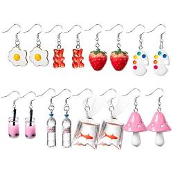 PANTIDE 8 Pairs Funny Dangle Earrings Gummy Bear Goldfish Water Bottle Paint Palette Strawberry Mushroom Milk Tea Egg Pendant Earrings Indie Kidcore Aesthetic Earrings with Hypoallergenic 925 Hooks