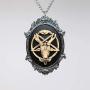 Antiqued Goat Head Satanic Baphomet Cameo Bone on Black in Silver Finish Frame Pendant Necklace