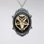 Antiqued Goat Head Satanic Baphomet Cameo Bone on Black in Silver Finish Frame Pendant Necklace Antiqued Goat Head Satanic Baphomet Cameo Bone on Black in Silver Finish Frame Pendant Necklace