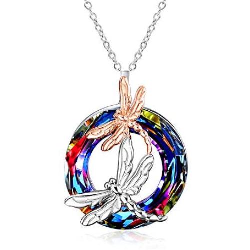 POPLYKE Dragonfly Pendant Necklace Gifts for Women Sterling Silver Mother Daughter Necklace with Volcano/Purple Crystal Jewelry for Mom Daughter Birthday Christmas