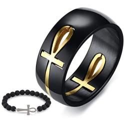 Gungneer Mens Stainless Steel Black Hollow Removable Ankh Cross Ring Key of Life Symbol of Protection Amulet Jewelry