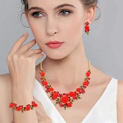 EVER FAITH Costume Jewelry Set Crystal Simulated Pearl Rose Flower Necklace Earrings Bracelet Set Red Gold-Tone
