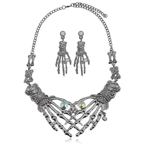 Fld Halloween Punk Collar Chunky Necklace Stud Earring Jewelry Sets Gothic Double Bone-Hand Claw Choker Statement Bib Necklace for Women
