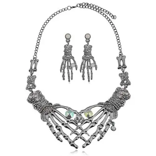 Fld Halloween Punk Collar Chunky Necklace Stud Earring Jewelry Sets Gothic Double Bone-Hand Claw Choker Statement Bib Necklace for Women