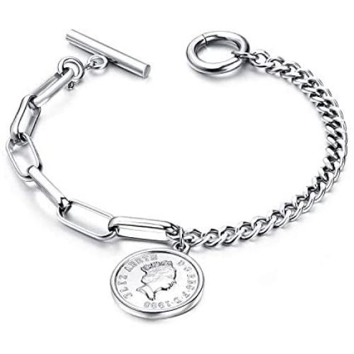 Chain Bracelet for Women Silver Coin Jewelry Cultured Cute Charm Easily Secure The Stylish T Buckle