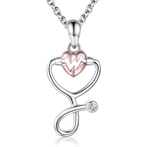 Medicine Stethoscope Necklace Sterling Silver Heartbeat EKG Pendant Necklace Nurse Physician Jewelry for Doctors Medical Science Student gifts