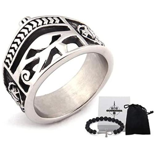 Gungneer Stainless Steel Wedjat Eye of Horus Ring Scarab God of Egypt Pyramid Ancient Vintage Jewelry US Size 7-13