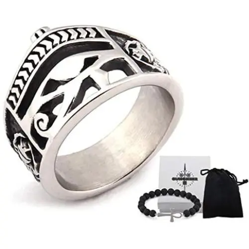 Gungneer Stainless Steel Wedjat Eye of Horus Ring Scarab God of Egypt Pyramid Ancient Vintage Jewelry US Size 7-13 Gungneer Stainless Steel Wedjat Eye of Horus Ring Scarab God of Egypt Pyramid Ancient Vintage Jewelry US Size 7-13
