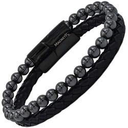 MagnetRX® Hematite & Leather Magnetic Therapy Bracelet - MAX Strength Natural Pain Relief and Healing Stones - Beaded Magnetic Hematite Bracelets (Medium)