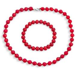 Bling Jewelry Classic Elegant Compressed Red Blue Turquoise Color 9MM Ball Beads Strand Necklace Stretch Bracelet Set for Women 925 Silver Clasp
