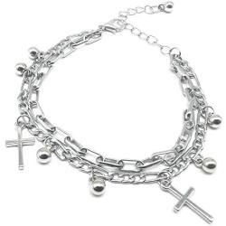 7.8in Double Layer Charm Beads Link Chains Punk Cross Bracelet Stainless Steel Adjustable with 2.4in Long Extension for Women Teen egirl eboy Lady Expandable Hip Hop Bangle