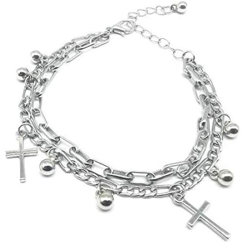 7.8in Double Layer Charm Beads Link Chains Punk Cross Bracelet Stainless Steel Adjustable with 2.4in Long Extension for Women Teen egirl eboy Lady Expandable Hip Hop Bangle