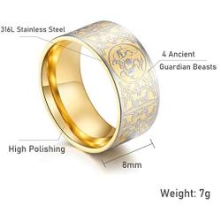 vfaejll Mens Stainless Steel Ring Vintage Chinese 4 Guardian Beasts Carved Metal Punk Biker Signet Band Rings for Men 10mm Black Gold Size 7-13