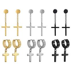 Aroncent 6 Pairs Stainless Steel Cross Dangle Huggie Hinged Hoop Earrings,Piercing Christmas Cross Huggie Stud Earrings Gift for Men Women Wedding Valentines Day