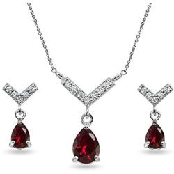 Sterling Silver Genuine or Synthetic Gemstone Teardrop V Design Arrow Necklace & Dangle Earrings Set