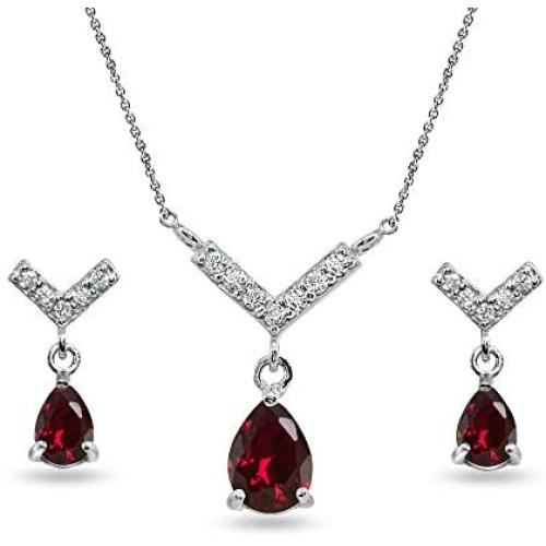 Sterling Silver Genuine or Synthetic Gemstone Teardrop V Design Arrow Necklace & Dangle Earrings Set