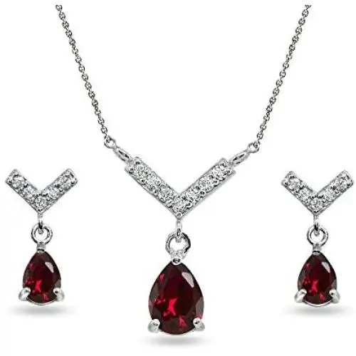 Sterling Silver Genuine or Synthetic Gemstone Teardrop V Design Arrow Necklace & Dangle Earrings Set