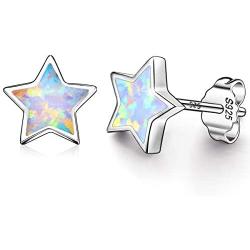 Gold Star Earrings for Girls, Hypoallergenic Fire Opal Stud Earrings For Women ARSKRO S925 Sterling Sliver Little Small Tiny Cute Earring Jewelry Gifts for Sensitive Ears Toddlers Kids