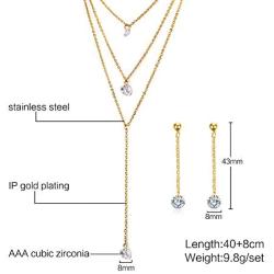 Mealguet Jewlery 3 Layers Multilayer Cubic Zirconia Charm Lariat Sexy Long Chain Y Necklace Dangle Earrings Jewelry Set